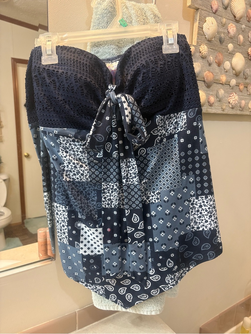 Women’s Navy Patchwork Bandeau Swimdress with Tie